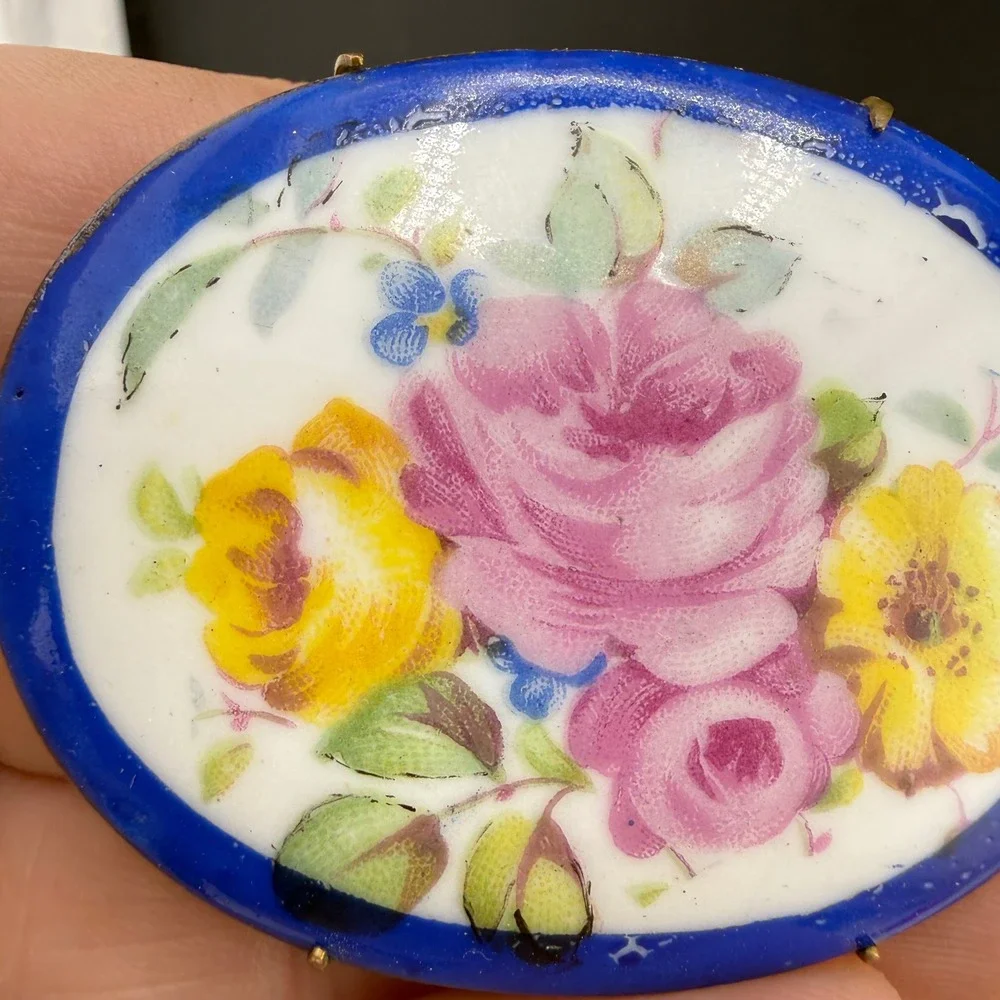 Vintage Victorian Brooch Blue Hand Painted Porcelain Pink  Gold Tone Oval READ